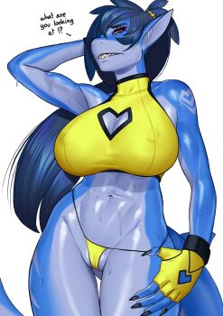 1girl absurdres blue_hair blue_skin breasts cleavage_cutout clothing_cutout colored_skin commentary commission covered_erect_nipples crop_top english_commentary english_text fingerless_gloves fins fish_tail furry furry_female gloves heart_cutout highres huge_breasts long_hair looking_at_viewer original otto_cubze panties pointy_ears shark_girl shark_tail shirt simple_background sleeveless sleeveless_shirt solo tail underwear white_background yellow_gloves yellow_panties yellow_shirt