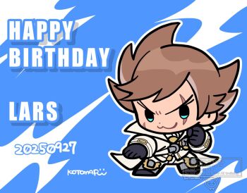 1boy :3 black_gloves blue_eyes brown_hair character_name chibi chibi_only coat dot_nose fighting_stance full_body gloves happy_birthday kotorai lars_alexandersson male_focus outline scar scar_across_eye scar_on_face short_hair signature solo tekken tekken_8 v-shaped_eyebrows white_coat white_outline