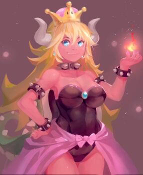 1girl absurdres armlet armpits bare_shoulders black_leotard blonde_hair blue_eyes blue_gem blurry bokeh bow bowsette bracelet breasts cleavage collar collarbone cowboy_shot crown depth_of_field earrings fang fingernails fire flipped_hair gem grey_background hair_between_eyes hand_on_own_hip hand_up highres horns impossible_clothes impossible_leotard jewelry large_breasts legs_together leotard lipstick long_fingernails long_hair looking_at_viewer makeup mario_(series) nail_polish new_super_mario_bros._u_deluxe nintendo pink_bow pink_lips pink_nails pink_skirt revision segamark showgirl_skirt simple_background skirt solo spiked_armlet spiked_bracelet spiked_collar spiked_tail spikes standing strapless strapless_leotard super_crown tail turtle_shell