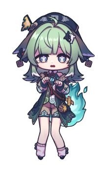 1girl ahoge animal_ear_piercing animal_ears asymmetrical_legwear black_footwear black_hat black_headdress blue_eyes blue_fire bright_pupils brown_shorts chinese_knot clenched_hands coat colored_tips deformed dot_nose fiery_tail fire flipped_hair full_body furrowed_brow green_coat green_hair green_vest hair_ears hands_up hat highres honkai:_star_rail honkai_(series) huohuo_(honkai:_star_rail) multicolored_hair multicolored_vest nya_tatabi off_shoulder open_clothes open_coat open_mouth paw-shaped_pupils pigeon-toed scared shorts simple_background socks solo standing symbol-shaped_pupils tachi-e tail tassel tearing_up vest wavy_mouth white_background white_hair white_pupils white_socks white_vest wing_collar yellow_eyes yin_yang_hair_ornament