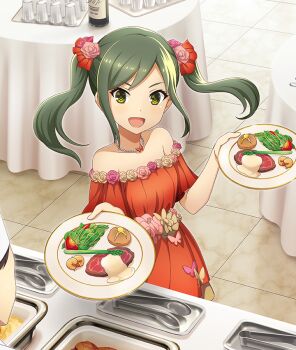 1girl 1other :d asparagus bare_shoulders bottle bread buffet butter butterfly_ornament cup dot_nose dress drinking_glass flower food formal_clothes from_above game_cg green_eyes green_hair hands_up hat holding holding_plate jewelry looking_at_viewer meat medium_hair nagae_futaba necklace off-shoulder_dress off_shoulder official_art open_mouth pearl_necklace pink_flower pink_rose plate rose round_table shrimp shrimp_tempura sidelocks smile solo_focus table tablecloth tempura third-party_source tile_floor tiles toji_no_miko toji_no_miko:_kizamishi_issen_no_tomoshibi tongs twintails white_hat wine_bottle yellow_flower yellow_rose