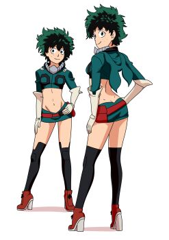 1girl absurdres ankle_boots ass belt black_thighhighs boku_no_hero_academia boots breasts butt_crack dimples_of_venus elbow_gloves female_focus freckles genderswap genderswap_(mtf) gloves green_hair green_skirt hand_on_own_hip high_heel_boots high_heels highres midoriya_izuku midriff miniskirt misaeldm multiple_views navel pouch skirt small_breasts smile standing thighhighs
