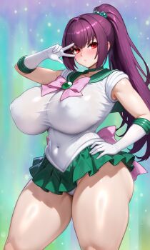 1girl absurdres bishoujo_senshi_sailor_moon bow bowtie breasts brooch choker covered_erect_nipples covered_navel elbow_gloves fate/grand_order fate_(series) gloves green_sailor_collar green_skirt hair_between_eyes hair_bobbles hair_ornament highres jewelry large_breasts leotard long_hair looking_at_viewer miniskirt ponytail purple_hair raskasar red_eyes sailor_collar sailor_senshi_uniform scathach_(fate) scathach_skadi_(fate) skirt solo thick_thighs thighs white_gloves white_leotard