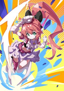 Rule 34 | 1girl, absurdres, aqua eyes, black bow, bow, closed mouth, commentary request, ear protection, elbow gloves, frilled skirt, frills, from above, gloves, hair bow, high ponytail, highres, hikari riria, indie virtual youtuber, long hair, magical girl, midriff, multicolored skirt, navel, official art, pink hair, pink skirt, pink thighhighs, ponytail, purple shirt, purple skirt, shirt, skirt, solo, thighhighs, ushiki yoshitaka, virtual youtuber