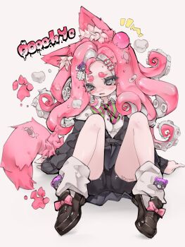 1girl absurdres animal_ear_fluff animal_ears bike_shorts black_jacket black_shorts black_skirt blush bow bowtie collared_shirt commentary_request dress_shirt fox_ears full_body grey_eyes hair_ornament hairclip highres jacket long_hair long_sleeves looking_at_viewer loose_socks miniskirt oooohyo open_mouth original pink_bow pink_bowtie pink_hair pleated_skirt school_uniform sensitive shirt shoes shorts shorts_under_skirt simple_background sitting skirt socks solo striped_bow striped_bowtie striped_clothes tail tentacle_hair white_shirt white_socks