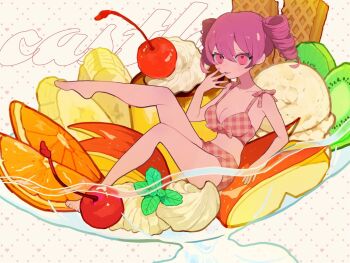 1girl apple apple_rabbit apple_slice banana banana_slice barefoot bikini breasts cherry drill_hair food food_art fruit full_body gingham_bikini in_food kiwi_(fruit) kiwi_slice leg_up medium_breasts mini_person minigirl orange_(fruit) orange_slice original pudding pudding_a_la_mode purple_hair s1ho_(ukiy0u0) solo swimsuit twin_drills