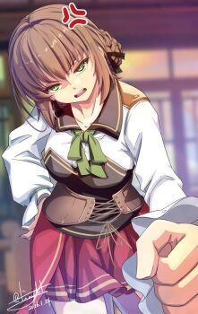 1girl angry artist_name braid brown_hair bun_with_braided_base commentary_request cowl_neck duvalie eiyuu_densetsu green_eyes hair_bun hajimari_no_kiseki highres open_mouth red_skirt sen_no_kiseki_(series) sen_no_kiseki_i shirt short_hair simple_background single_hair_bun single_hair_intake skirt tinybiard white_shirt