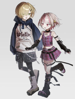 1boy 1girl arm_belt arm_strap badge bare_shoulders bat_necklace belt belt_buckle black_arm_warmers black_belt black_collar black_leg_warmers black_leggings black_shorts black_straps blonde_hair blue_hood blue_sleeves blunt_bangs blush boots buckle button_badge chain chain_bracelet clothes_writing collar collarbone colored_inner_hair crop_top cross-laced_clothes cross-laced_top drawstring earclip fangs food_print fruit_print full_body green_eyes grey_background grey_hair hair_intakes hair_ornament hair_over_one_eye hairclip heart heart_tattoo highres hood hood_down hoodie jewelry kyafu lace-up_boots leg_belt leg_tattoo leg_warmers leggings lightning_bolt_print long_sleeves looking_at_another loose_belt makaino_ririmu makaino_ririmu_(6th_costume) midriff miniskirt multicolored_hair multicolored_hair_bobbles multiple_belts necklace nijisanji no_headwear no_jacket o-ring o-ring_collar o-ring_thigh_strap open_mouth pendant pink_hair pink_shoes pink_skirt pink_streaks plaid_clothes plaid_skirt pleated_skirt pointy_ears print_hoodie raglan_sleeves red_eyes shoelaces shoes short_hair shorts shoulder_tattoo simple_background skin_fangs skirt sleeveless sleeves_past_fingers sleeves_past_wrists smile spiked_collar spikes standing standing_on_one_leg star_(symbol) star_hair_ornament strawberry_print streaked_hair studded_belt tattoo thigh_strap torn_clothes torn_leggings twitter_username two-tone_hair two_side_up uzuki_kou uzuki_kou_(5th_costume) virtual_youtuber walking wallet_chain white_boots white_hoodie winged_heart winged_heart_tattoo wolf_cut zipper zipper_top