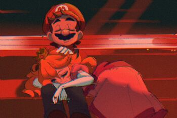 1boy 1girl blonde_hair blue_overalls boots brown_boots brown_hair closed_eyes commentary couple crown dress elbow_gloves english_commentary facial_hair gloves hair_between_eyes hand_on_another's_head hat hetero highres jewelry lap_pillow long_dress long_hair mario mario_(series) mustache nintendo overalls pink_dress pocket_catyay princess_peach puffy_short_sleeves puffy_sleeves red_hat red_shirt ring shirt short_hair short_sleeves sleeping white_gloves