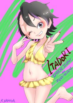 1girl bikini black_hair breasts character_name cleavage collarbone colored_tips copyright_name dot_nose double_v eyeshadow feet_up female_focus fingernails foot_out_of_frame frilled_bikini frills green_background grey_eyes grin head_tilt itadori_(kunoichi_tsubaki_no_mune_no_uchi) kunoichi_tsubaki_no_mune_no_uchi loli looking_at_viewer makeup multicolored_hair nail_polish navel one_eye_closed outstretched_arm purple_background purple_hair red_eyeshadow red_nails rurito0725 scar scar_on_face scar_on_forehead short_hair simple_background small_breasts smile solo standing standing_on_one_leg streaked_hair swimsuit teeth two-tone_background two-tone_hair v variant_set yellow_bikini