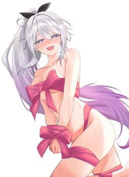 1girl absurdres ahoge blue_eyes bound bound_wrists breasts commentary gradient_hair high_ponytail highres honkai_(series) honkai_impact_3rd kiana_kaslana kiana_kaslana_(herrscher_of_finality) large_breasts long_hair looking_at_viewer multicolored_hair naked_ribbon ponytail purple_hair ribbon simple_background smile solo thighs two-tone_hair very_long_hair white_background white_hair yue_kanade