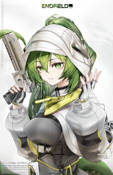 Rule 34 | 1girl, :3, arknights, arknights: endfield, black bodysuit, bluesky username, bodysuit, breasts, commentary, copyright name, covered erect nipples, fingerless gloves, fluorite (arknights), from side, gloves, green eyes, green hair, gun, hair through hood, highres, holding, holding gun, holding weapon, hood, hood up, hooded shrug, long sleeves, looking at viewer, looking to the side, medium breasts, ponytail, puffy long sleeves, puffy sleeves, shrug (clothing), smile, snake girl, snake tail, solo, tail, trigger discipline, twitter username, upper body, watermark, weapon, white background, white gloves, white shrug, yokaze (yokajie)
