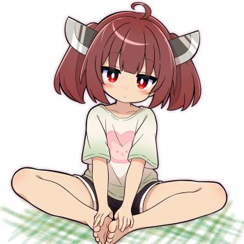 Rule 34 | 1girl, absurdres, ahoge, alternate costume, animal print, barefoot, black shorts, blunt bangs, blush, blush stickers, brown hair, cat print, closed mouth, collarbone, commentary request, highres, knees apart feet together, looking at viewer, newbear, red eyes, shirt, short hair, short sleeves, shorts, sitting, solo, t-shirt, touhoku kiritan, voiceroid, white background