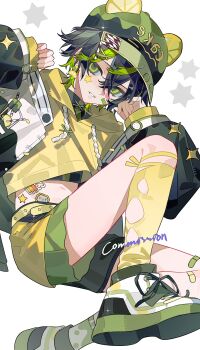1boy absurdres animal_ears black_hair black_jacket commission green_eyes highres jacket jinzhangde_piku male_focus original shorts yellow_shorts