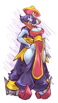 Rule 34 | 1girl, absurdres, blue skin, blush stickers, breasts, capcom, chinese clothes, cleavage, cleavage cutout, clothing cutout, colored skin, curvy, darkstalkers, female focus, full body, hand on own hip, highres, hip vent, hsien-ko, jiangshi, large breasts, mokkoyu, ofuda, pointy footwear, purple hair, short hair, solo, wide hips, yellow eyes