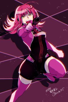 1girl aiming aiming_at_viewer breasts commentary elbow_gloves floating_hair gloves green_eyes gun handgun headphones holding holding_gun holding_weapon jacket katori_squad&#039;s_uniform katori_youko long_hair looking_at_viewer medium_breasts open_mouth purple_gloves purple_jacket red_hair short_jumpsuit short_sleeves solo thighhighs tomoming twitter_username weapon world_trigger