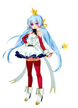 1girl blue_background boots bow breasts buttons cleavage cleavage_cutout clothing_cutout crown dress elbow_gloves fingerless_gloves full_body gloves gold_trim hair_ornament hairclip highres hitsune_kumi holding holding_wand itporl long_hair looking_at_viewer low_twintails non-web_source official_art petite purple_eyes red_gloves red_thighhighs simple_background small_breasts smile solo standing star_(symbol) tachi-e thighhighs transparent_background twintails utau very_long_hair wand white_boots white_bow white_dress wrist_cuffs zettai_ryouiki