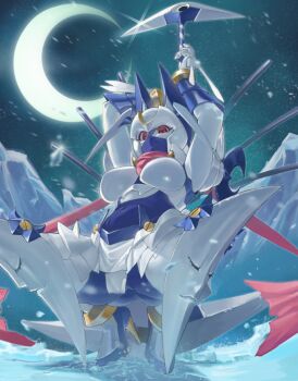 Rule 34 | 1girl, armor, arms up, black shorts, breasts, colored skin, crescent moon, dianamon, digimon, digimon (creature), digimon card game, holding, holding weapon, ice, kurt0818, looking at viewer, m legs, mask, medium breasts, moon, mouth mask, pink scarf, red eyes, scarf, scythe, shorts, skin tight, spread legs, textless version, weapon, white skin