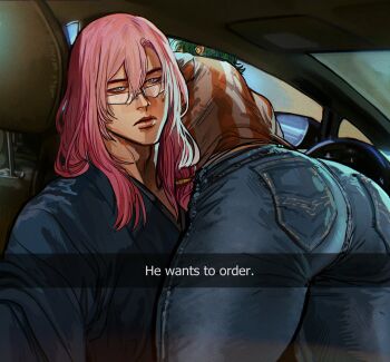 2boys ass car_interior cherry_blossom_(sk8) closed_mouth english_text glasses green_hair he_wants_to_order_(meme) highres joe_(sk8) long_hair looking_at_viewer lying_on_person male_focus meme multiple_boys orange_shirt pants pink_hair selfie shirt short_hair sk8_the_infinity snapchat thick_thighs thighs tight_clothes tight_pants two-tone_shirt umikochannart white_shirt yaoi