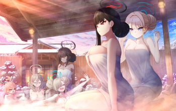 6+girls ahoge akane_(blue_archive) asuna_(blue_archive) black_hair blonde_hair blue_archive blue_eyes breasts brown_hair building closed_eyes closed_mouth cloud collarbone commentary dark-skinned_female dark_skin day double_bun hair_between_eyes hair_bun hair_over_one_eye halo hand_up hands_up karin_(blue_archive) kneeling large_breasts long_hair looking_ahead looking_at_another multiple_girls naked_towel neru_(blue_archive) o_(rakkasei) onsen open_mouth orange_hair outstretched_arms partially_submerged red_eyes rio_(blue_archive) smile steam toki_(blue_archive) towel water