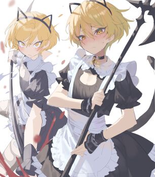 Rule 34 | 1boy, absurdres, animal ears, axe, bad id, bad twitter id, black choker, black dress, blonde hair, blush, cat cutout, cat ears, cat tail, choker, clothing cutout, commentary request, cowboy shot, crying, dress, halberd, highres, holding, holding axe, inactive account, korean commentary, limbus company, looking at viewer, maratang, multiple views, polearm, project moon, puffy short sleeves, puffy sleeves, short sleeves, simple background, sinclair (project moon), source request, tail, weapon, white background, wrist cuffs, yellow eyes
