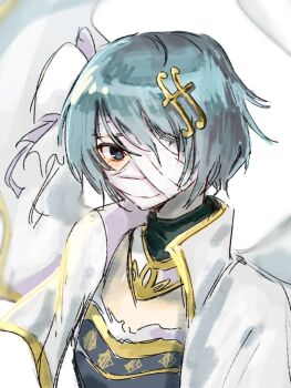 Rule 34 | 1girl, armor, bandaged head, bandages, blue eyes, blue hair, blush, bow, breastplate, cape, collar, covered mouth, detached collar, fortissimo, gold trim, hair bow, hair ornament, high collar, looking at viewer, mahou shoujo madoka magica, mahou shoujo madoka magica: walpurgis no kaiten, miki sayaka, miki sayaka (magical girl), musical note, musical note hair ornament, one eye covered, short hair, solo, upper body, wataru032281529, white background, white bow, white cape, white collar