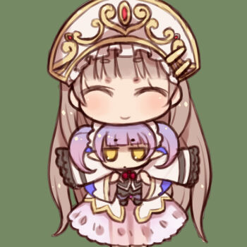2girls atelier_(series) atelier_totori brown_hair chibi chim_(atelier) closed_eyes female_focus hat holding long_hair multiple_girls purple_hair smile tank_(artist) totooria_helmold twintails yellow_eyes