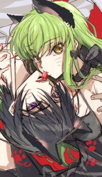 1boy 1girl animal_ears black_bow black_choker black_hair bow c.c. cat_ears choker code_geass commentary creayus facial_mark food fruit green_hair highres lelouch_vi_britannia long_hair looking_at_viewer nail_polish paw_print purple_eyes shirt short_hair strawberry symbol-only_commentary upside-down whisker_markings white_shirt yellow_eyes