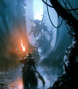 absurdres bloodborne character_request cleaver cloak coat from_behind fromsoftware gloves hat highres holding holding_torch holding_weapon horns hunter_(bloodborne) impaled kalmahul long_sleeves monster saw saw_cleaver standing torch tree tricorne weapon wetland