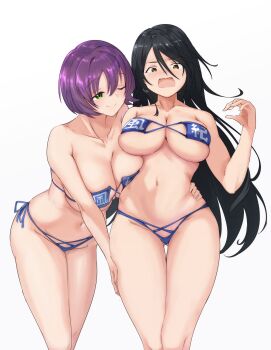 2girls ;) absurdres alternate_costume bikini black_hair blue_bikini blush breast_press breasts cleavage clothes_writing commission commissioner_upload crying embarrassed eyepatch_bikini feet_out_of_frame gluteal_fold green_eyes growbally hand_on_another&#039;s_leg hand_on_another&#039;s_waist highres hug hug_from_behind large_breasts long_hair love_live! love_live!_school_idol_festival matching_outfits mole mole_under_eye multiple_girls navel one_eye_closed panicking purple_hair sakamaki_chiduko shiga_hitomi short_hair side-tie_bikini_bottom simple_background skeb_commission skindentation smile standing stomach swimsuit thigh_gap thighs underboob white_background yellow_eyes