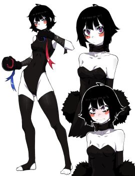 1girl :/ absurdres alternate_costume black_dress black_gloves black_hair black_leotard black_thighhighs blue_eyes blue_ribbon blush blush_stickers bow bow_choker boxing_gloves breasts choker colored_skin commentary dress feather_boa feet gloves gluteal_fold half-closed_eyes highleg highleg_leotard highres kekel leotard medium_breasts multicolored_eyes pomni_(the_amazing_digital_circus) red_eyes red_ribbon ribbon short_hair skindentation symbol-only_commentary the_amazing_digital_circus thighhighs thighs toes two-tone_eyes v-shaped_eyebrows white_skin