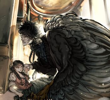 1boy 1girl 4_virgin animal_feet black_feathers black_hair black_wings braid brown_hair claws colored_sclera commentary_request crying dress feathered_wings feathers full_body highres indoors looking_at_another monster_boy on_one_knee original short_hair sunlight twin_braids wings yellow_sclera