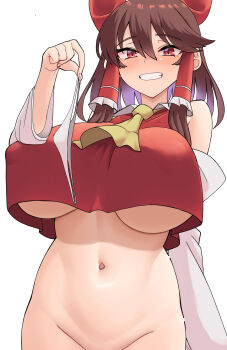 1girl absurdres ascot blush bottomless bow breasts brown_hair cookie_(touhou) cowboy_shot crop_top detached_sleeves frilled_hair_tubes frills grin hair_bow hair_tubes hakurei_reimu highres holding holding_panties holding_underwear holding_unworn_clothes huge_breasts long_hair looking_at_viewer open_mouth out-of-frame_censoring panties pyukasshori red_bow red_eyes reu_(cookie) shirt simple_background sleeveless sleeveless_shirt smile solo touhou underboob underwear white_background white_panties white_sleeves yellow_ascot