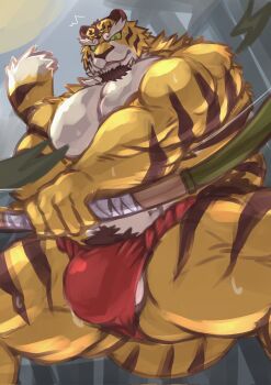 1boy ^^^ absurdres animal_ears bara bare_pectorals biceps bow_(weapon) commentary_request fangs fundoshi furry furry_male highres holding holding_bow_(weapon) holding_weapon japanese_clothes jun_cao looking_down male_focus muscular muscular_male open_mouth pectorals red_fundoshi surprised sweatdrop tail taketora_(yasha) testicle_peek testicles tiger_boy tiger_ears tiger_stripes tiger_tail topless_male torn_clothes weapon yasha_legends_of_the_demon_blade yellow_fur