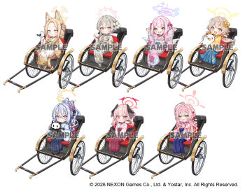 Rule 34 | 6+girls, :d, animal, animal ear fluff, animal ears, arms up, azusa (blue archive), bird, black wings, blonde hair, blue archive, blue hakama, blue kimono, braid, brown eyes, brown hair, chibi, closed mouth, commentary request, feathered wings, forehead, fox ears, green eyes, grey eyes, grey hair, hakama, hakama skirt, halo, hanako (blue archive), head wings, hifumi (blue archive), jako (jakoo21), japanese clothes, kimono, koharu (blue archive), long hair, long sleeves, low wings, mika (blue archive), multiple girls, nagisa (blue archive), obi, official art, open mouth, parted bangs, pink hair, pink kimono, purple eyes, purple hakama, sample watermark, sash, seia (blue archive), simple background, sitting, skirt, sleeves past wrists, smile, twintails, very long hair, watermark, white background, white kimono, wide sleeves, wings, yellow kimono