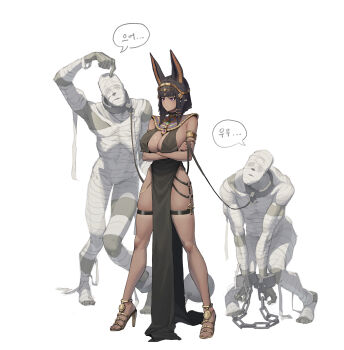 1girl 2others absurdres animal_ears ankh armlet ball_and_chain_restraint bandages black_choker black_dress black_hair blunt_bangs blunt_ends bound bound_wrists breasts choker closed_mouth collar commentary_request crossed_arms cuffs dark-skinned_female dark_skin dress feet full_body gold_armlet gold_sandals headpiece high_heel_sandals highres holding holding_leash jackal_ears jackal_girl korean_commentary korean_text large_breasts leash metal_collar multiple_others mummy o-ring original pelvic_curtain purple_eyes sandals scratching_head shackles sidelocks simple_background skindentation speech_bubble standing studded_choker thigh_strap toes translation_request usekh_collar white_background woottak09