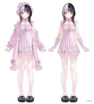 Rule 34 | 1girl, black hair, black nails, bow, braid, breasts, cleavage, coat, commentary request, copyright name, empire waist, fingerless gloves, full body, gloves, grey hair, hair bow, hat, highres, hololive, hololive english, jewelry, kayahara, large breasts, long hair, low twin braids, mob cap, multicolored hair, nail polish, necklace, nightgown, official alternate costume, official alternate hairstyle, official art, pink bow, pink coat, ribbed gloves, shiori novella, shiori novella (sleepwear), simple background, single off shoulder, slippers, split-color hair, thighhighs, twin braids, two-tone hair, variations, virtual youtuber, white background, white thighhighs, yellow eyes, yorick (shiori novella)