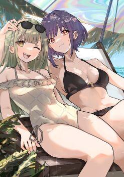 2girls ;d arm_around_shoulder arm_up arms_at_sides bang_dream! bang_dream!_it's_mygo!!!!! bare_arms bare_shoulders beach_umbrella bikini black-framed_eyewear black_bikini blunt_bangs breasts casual_one-piece_swimsuit chair closed_mouth collarbone commentary_request cowboy_shot day eyewear_on_head frilled_one-piece_swimsuit frills green_hair groin halterneck hand_on_another's_head heads_together highres horizon houji_tea_latte long_hair looking_at_viewer lounge_chair medium_breasts mortis_(bang_dream!) mortis_(persona)_(bang_dream!) multiple_girls navel o-ring o-ring_bikini o-ring_top ocean on_chair one-piece_swimsuit one_eye_closed open_mouth orange_eyes outdoors palm_tree plant purple_hair reclining short_hair side-by-side side-tie_one-piece_swimsuit simple_background smile sparkle stomach sunglasses swimsuit teeth transparent transparent_umbrella tree tree_shade umbrella upper_teeth_only wakaba_mutsumi water yellow_eyes yuutenji_nyamu