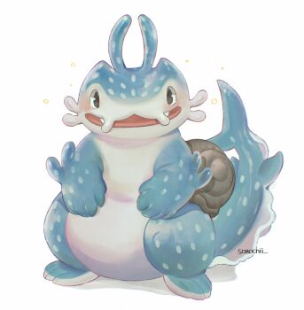 blue_skin chimera colored_skin commentary creature full_body highres looking_at_viewer multicolored_skin original shark smile snail snail_shell solid_circle_pupils sorochii spots standing symbol-only_commentary twitter_username two-tone_skin white_background white_skin