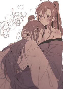 1boy 1girl ahoge amana_raika bare_shoulders between_breasts blush breast_smother breasts chibi chibi_inset chinese_clothes cleavage closed_eyes closed_mouth face_between_breasts face_to_breasts genderswap genderswap_(mtf) hair_between_eyes hair_ribbon hands_on_another&#039;s_head hanfu head_between_breasts headband heart hetero highres hug lan_wangji large_breasts long_hair long_sleeves modao_zushi monochrome off_shoulder open_clothes open_robe ponytail ribbon robe sidelocks simple_background sitting smile topknot wei_wuxian white_background wide_sleeves xiao_guan_(headdress)