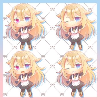 1girl :d ;q apron black_gloves black_shirt black_skirt blonde_hair blue_eyes blush closed_mouth collared_shirt commentary_request commission dotted_line gloves grin hair_between_eyes hair_flaps heterochromia koga_twin_(kogasaguy) kou_hiyoyo long_hair multiple_views necktie one_eye_closed open_mouth original pleated_skirt puffy_short_sleeves puffy_sleeves purple_eyes shirt short_sleeves skeb_commission skirt smile tongue tongue_out very_long_hair white_apron yellow_necktie