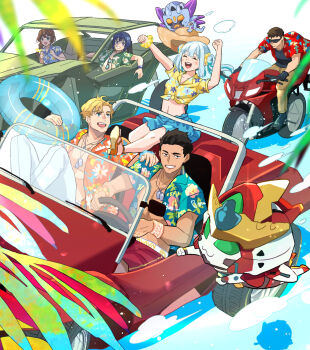 Rule 34 | 3girls, 5boys, :3, :d, ao isami, arm up, bare pectorals, black gloves, black hair, blonde hair, blue hair, blue skirt, bracelet, braid, bravern, brown hair, buoy, car, chibi, closed eyes, convertible, dark blue hair, dog tags, double bun, driving, eyewear around neck, facial hair, floral print, flower bracelet, flying, gloves, grin, hair bun, hat, hawaiian shirt, hibiki rio, highres, jewelry, lewis smith, looking at another, lulu (bang bravern), miyu katou, motor vehicle, motorcycle, multiple boys, multiple girls, on car, on motorcycle, open clothes, open mouth, open shirt, palm leaf, pants, parted hair, pectorals, red car, red shorts, rsuhima, ryuji satake, shirt, short hair, shorts, sideburns stubble, single braid, sitting, skirt, smile, straw hat, stubble, sunglasses, superbia (bravern), white hair, white pants, yuuki bakuhatsu bang bravern