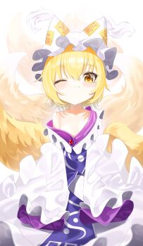 1girl ;) ;3 absurdres age_regression aged_down animal_ear_headwear animal_hat blonde_hair blue_tabard blush collarbone commentary dress fake_animal_ears fang fang_out fox_girl fox_tail frilled_hat frills hair_between_eyes hat highres loli long_sleeves looking_at_viewer mob_cap ofuda ofuda_on_clothes one_eye_closed oversized_clothes sana_(sanapri11) short_hair single_bare_shoulder sleeves_past_fingers sleeves_past_wrists smile solo tabard tail touhou white_dress white_hat yakumo_ran yellow_eyes