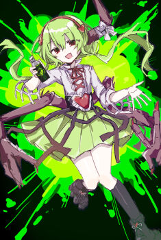 1girl absurdres belt can character_request commentary_request extra_arms green_hair green_skirt hair_ornament heart heart_hair_ornament highres holding holding_can j-core lite_show_magic long_hair low_twintails paint_splatter red_eyes roller_skates shirt skates skirt solo spray_can t+pazolite twintails white_shirt wusem0108