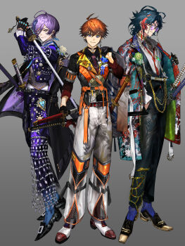 Rule 34 | 3boys, 3skm (nijisanji), absurdres, adjusting clothes, ahoge, alternate costume, antenna hair, aqua coat, aqua flower, aqua rose, arm out of sleeve, armlet, bell-bottoms, belt, belt buckle, black belt, black choker, black coat, black gloves, black pants, black shirt, black shoes, black socks, black vest, blue eyes, blue flower, blue gem, blue hair, blue ribbon, blue rose, blue socks, boutonniere, braid, brooch, buckle, buttons, chain, chest tattoo, choker, closed mouth, coat, coat on shoulders, collar chain (jewelry), collared shirt, colored eyelashes, commentary request, contrast lapels, cropped jacket, cross-laced clothes, cross-laced sleeves, cuff links, dress shoes, ear covers, earclip, earrings, eyewear strap, feather earrings, feather hair ornament, feathers, fighting stance, fingernail gloves, fishnet fabric, flower, full body, gem, gloves, gold choker, gold ring, green coat, green eyes, green flower, green gem, green rose, grey background, grey jacket, grey vest, hair between eyes, hair ornament, half gloves, hands up, harness, heart-shaped gem, highres, holding, holding jacket, holding sword, holding unworn clothes, holding weapon, jacket, jacket over shoulder, jewelry, kaisei (nijisanji), katana, kitami yusei, lace-trimmed shirt collar, lace-trimmed sleeves, lace trim, lapel pin, lapels, lineup, loafers, long sleeves, looking at viewer, loose necktie, male focus, medium hair, mismatched earrings, mole, mole under eye, multicolored coat, multicolored eyes, multicolored hair, multicolored shoes, multiple boys, multiple rings, multiple swords, neck ribbon, necktie, nijisanji, notched lapels, o-ring, o-ring harness, open collar, orange belt, orange hair, orange vest, padded coat, padded footwear, padded vest, pants, parted bangs, patterned clothing, pendant, pendant choker, pink eyes, print coat, print pants, print vest, purple-tinted eyewear, purple coat, purple gem, purple hair, purple jacket, purple pants, red coat, red eyes, red gemstone, red hair, red necktie, red pupils, red shoes, red sleeves, ribbon, ring, rose, round eyewear, saddle shoes, sakaki ness, sayagata, see-through clothes, see-through pants, sheath, sheathed, shirt, shirt tucked in, shoes, short hair, side braid, sideways glance, simple background, sleeve cuffs, smile, snake, snake earrings, snake tattoo, snake wrapped around leg, socks, standing, streaked hair, stud earrings, sword, tassel, tassel earrings, tattoo, tinted eyewear, too many, two-sided coat, two-sided fabric, two-tone coat, two-tone eyes, two-tone pants, two-tone shoes, two-tone vest, unagipai, unworn jacket, vest, virtual youtuber, weapon, white flower, white pants, white rose, white shirt, white shoes