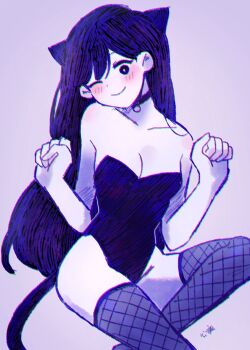 Rule 34 | 1girl, black eyes, black leotard, blush, breasts, bright pupils, colored skin, fake tail, fishnet thighhighs, fishnets, hair ears, head tilt, highres, kokomi (aniesuakkaman), leotard, long hair, looking at viewer, mari (headspace) (omori), mari (omori), medium breasts, omocat (style), omori, one eye closed, playboy bunny, purple background, purple hair, purple theme, smile, solo, strapless, strapless leotard, tail, thighhighs, white pupils, white skin