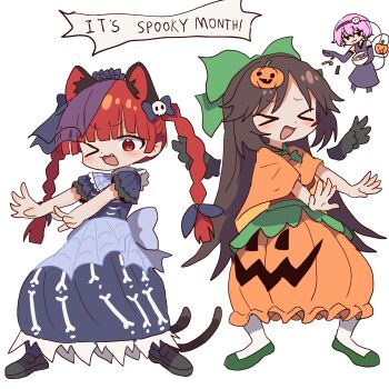 &gt;_&lt; 3girls :3 :d ;d alternate_costume animal_ears bare_shoulders black_headdress black_veil blue_dress bone_print bow braid brown_hair candy capelet cat_ears cat_tail doyagao dress elbow_gloves english_text excited fang feathered_wings flats food food-themed_hair_ornament frills gloves green_shoes grey_dress grey_gloves grey_pantyhose grin group_pose hair_bow hair_ornament halloween halloween_costume highres holding holding_candy holding_food jack-o&#039;-lantern jack-o&#039;-lantern_hair_ornament kaenbyou_rin komeiji_satori loafers long_dress long_hair magg_(user_mtca8588) multiple_girls multiple_tails one_eye_closed open_mouth orange_dress outstretched_arms pantyhose pink_hair pumpkin_hair_ornament pumpkin_skirt red_eyes red_hair reiuji_utsuho shoes short_sleeves skull_hair_ornament sleeveless sleeveless_dress smile smug spider_web_print subterranean_animism tail touhou twin_braids two_tails v-shaped_eyebrows veil wings xd