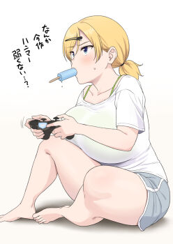 1girl barefoot blonde_hair bloomers blue_eyes blush breasts chopsticks colorized controller full_body hair_ornament highres huge_breasts japanese_text medium_hair ponytail sena_(yue_show-ei) shirt simple_background sweat tagme thighs twintails underwear white_background white_shirt yue_(show-ei)