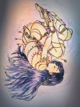 1girl armlet black_hair breasts chain closed_eyes commentary_request dated fetal_position full_body half_updo highres hitsuki_(hiidukii) honzuki_no_gekokujou jewelry long_hair lying medium_breasts myne_(honzuki_no_gekokujou) nude on_side ring solo thighlet traditional_media watercolor_pencil_(medium)