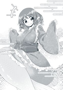 0-den 1girl absurdres fins frilled_kimono frills greyscale halftone head_fins highres japanese_clothes kimono mermaid monochrome monster_girl obi sash solo touhou wakasagihime